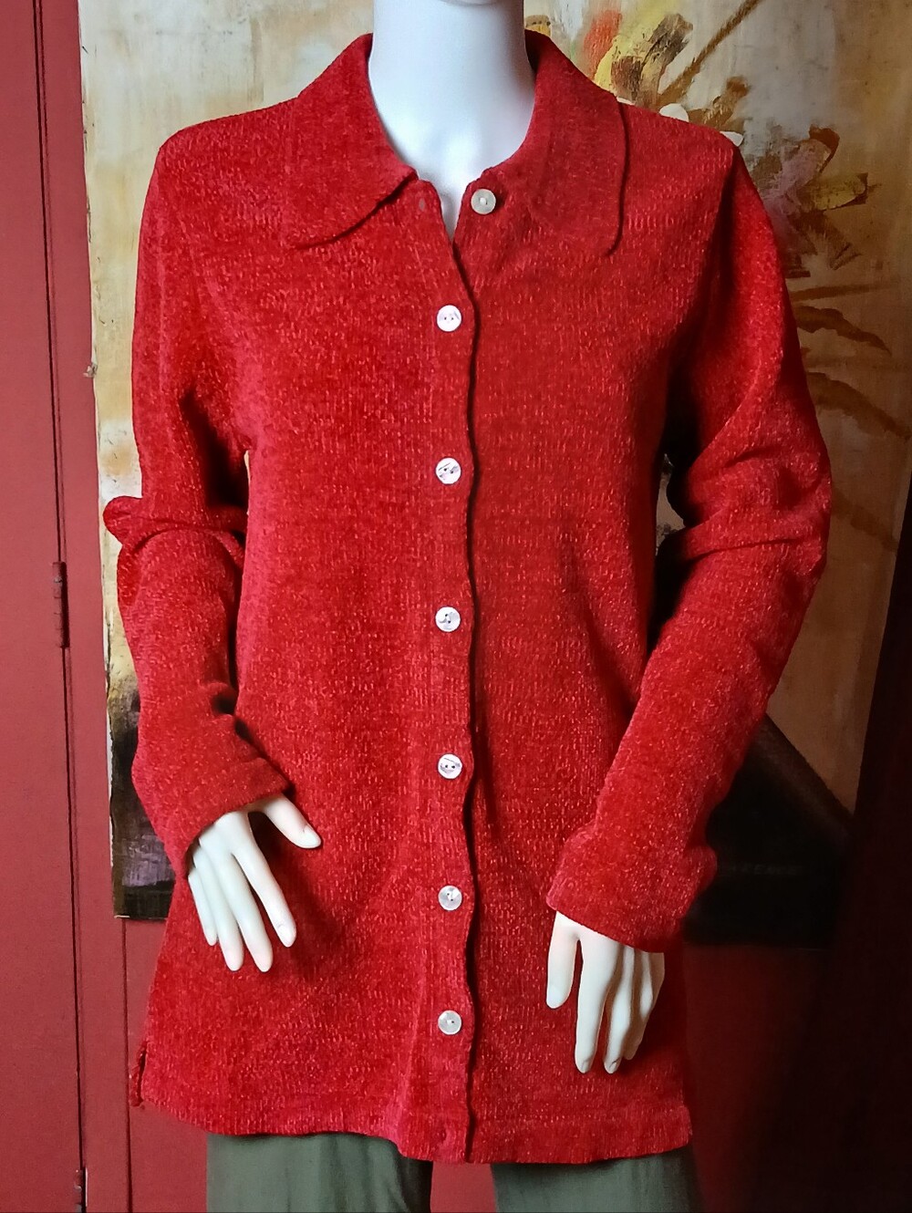 Denim & Co. Red Chenille Knit Button Up Cardigan Sweater Small